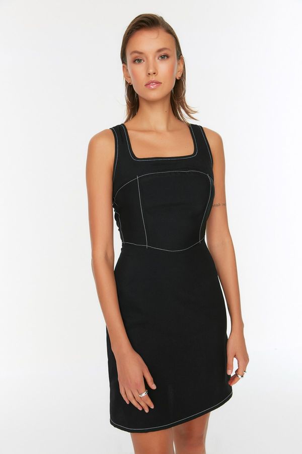 Trendyol Trendyol Black Contrast Stitched Square Collar Dress