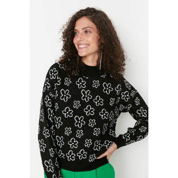 Trendyol Trendyol Black Floral Pattern Oversize Knitwear Sweater