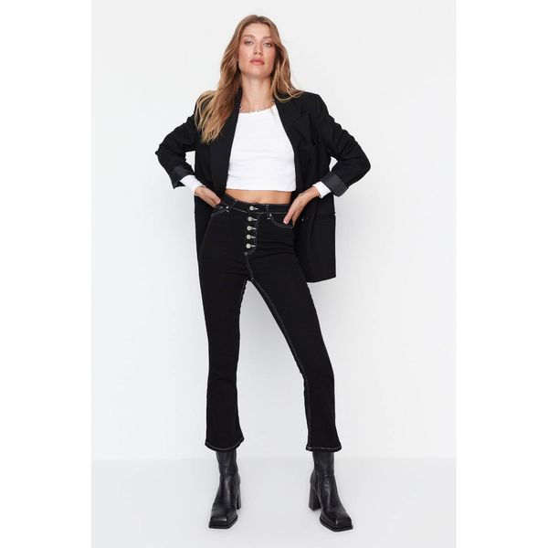 Trendyol Trendyol Black Front Button High Waist Crop Flare Jeans