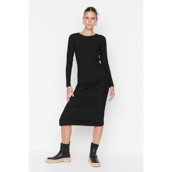 Trendyol Trendyol Black Green Pleated and Ribbed Knitted Dress