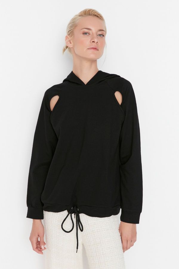 Trendyol Trendyol Black Hooded Waist and Cut Out Detailed Knitted Sweatshirt