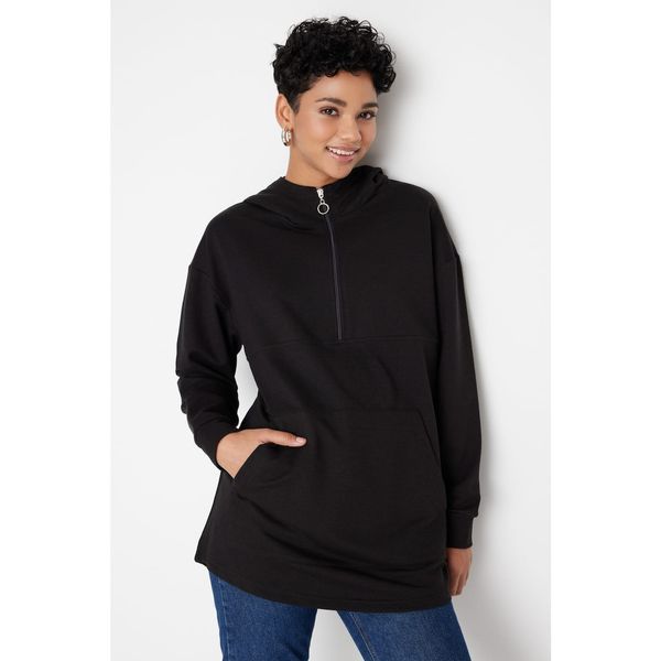 Trendyol Trendyol Black Hooded Zippered Thick Inner Soft Feather Knitted Sweatshirt