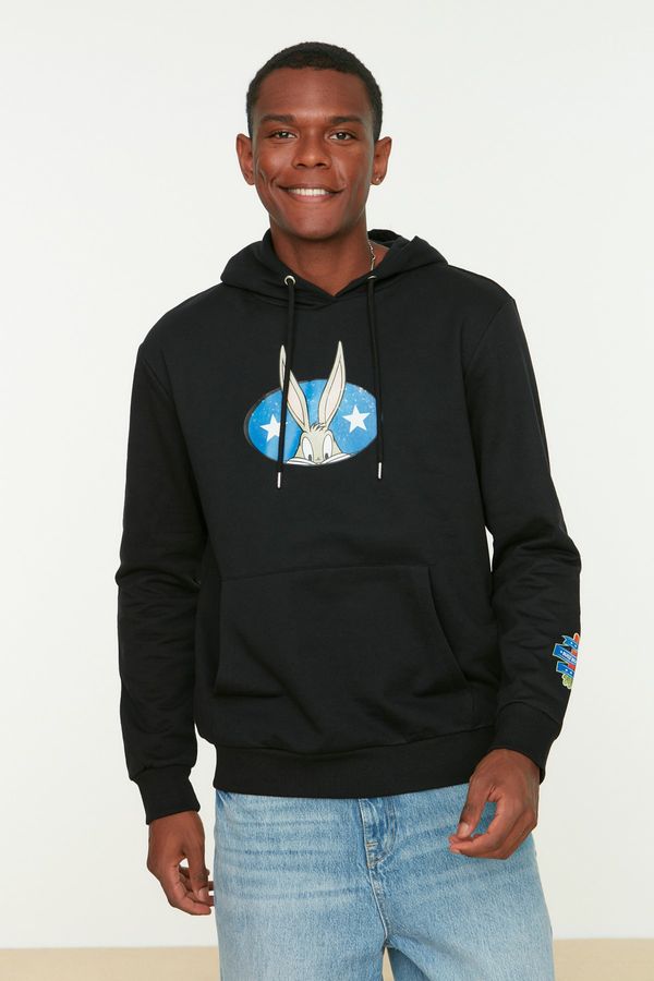 Trendyol Trendyol Black Licensed Men's Bugs Bunny Printed Regular Fit Hoodie Sweatshirt
