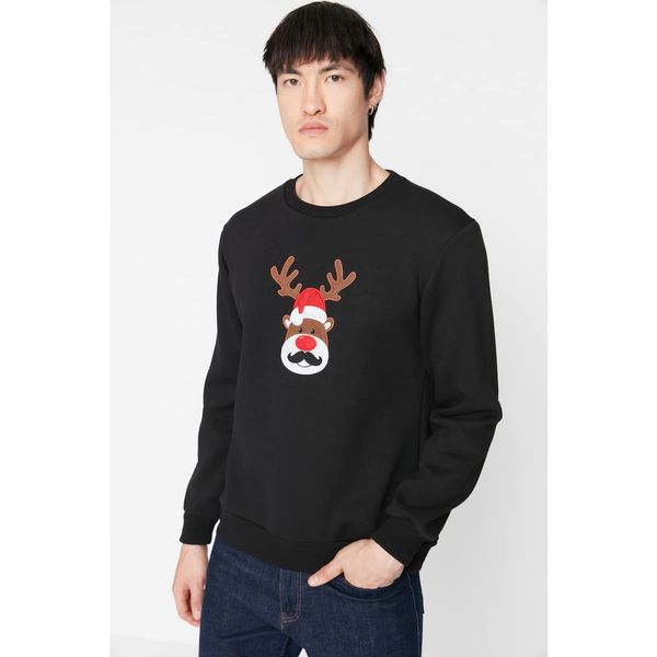 Trendyol Trendyol Black Men Regular Fit Crew Neck Christmas Themed Embroidery Sweatshirt