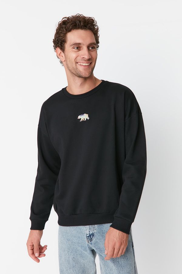 Trendyol Trendyol Black Men's Oversize Fit Crew Neck Embroidered Sweatshirt