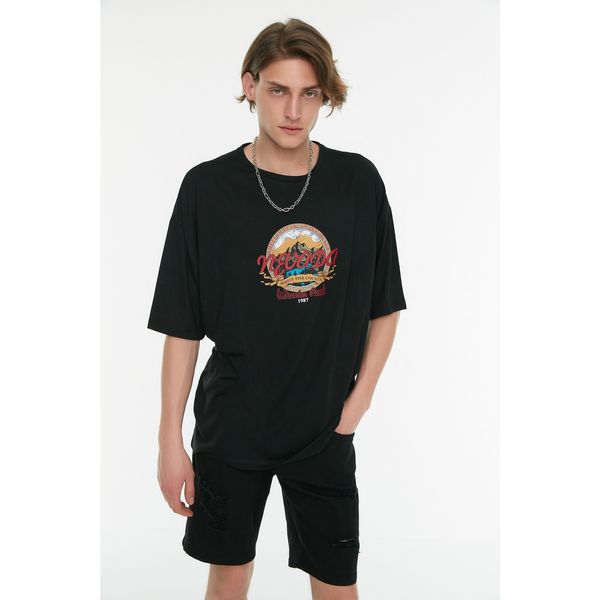 Trendyol Trendyol Black Men's Oversize Fit Crew Neck Short Sleeve Printed T-Shirt