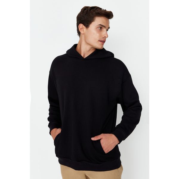 Trendyol Trendyol Black Men's Oversize Fit Hooded Embroidery Detailed Thick Sweatshirt