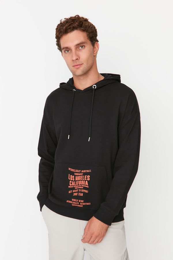 Trendyol Trendyol Black Men's Oversize Fit Hoodie Printed Sweatshirt