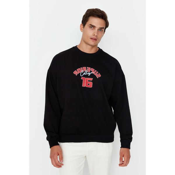 Trendyol Trendyol Black Men's Oversize Fit Long Sleeve Crew Neck Printed Sweatshirt