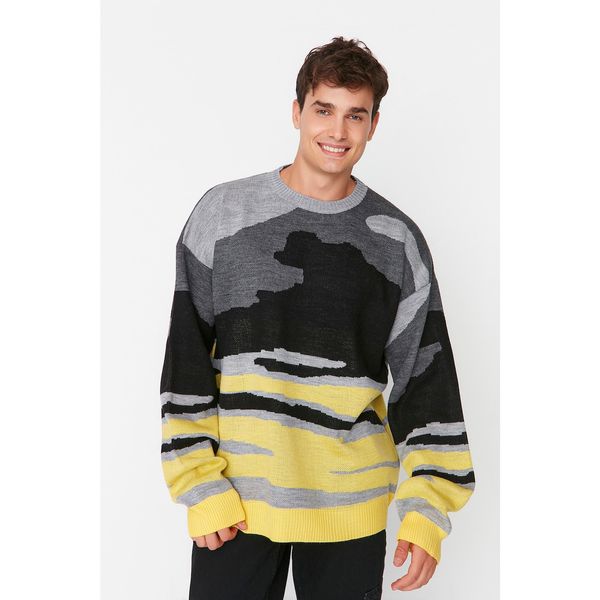 Trendyol Trendyol Black Men's Oversize Fit Wide Fit Crew Neck Jacquard Knitwear Sweater