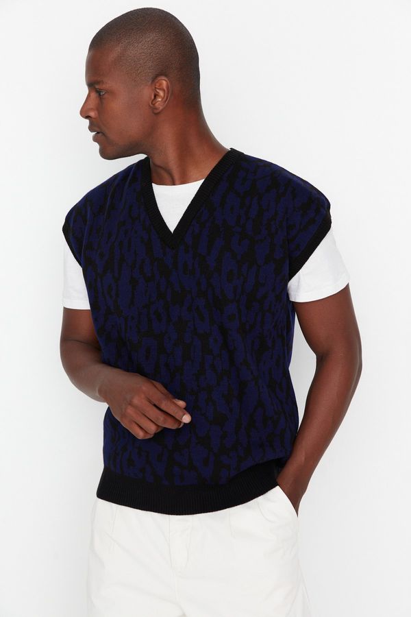 Trendyol Trendyol Black Men's Oversize Fit Wide Fit Leopard Patterned Knitwear Sweater