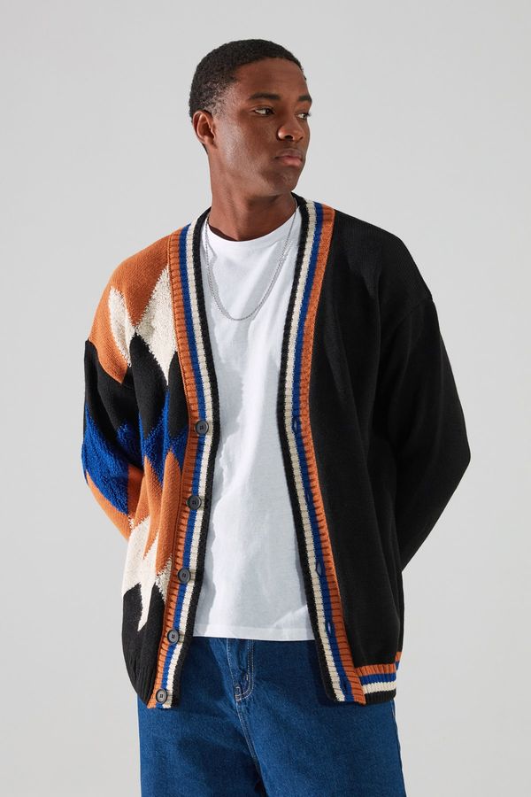 Trendyol Trendyol Black Men's Oversize Oversized Loose Pattern Detailed Cardigan