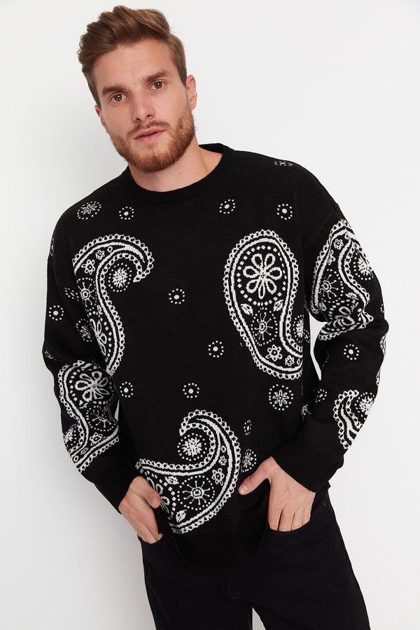 Trendyol Trendyol Black Men's Oversize Shawl Patterned Crew Neck Knitwear Sweater