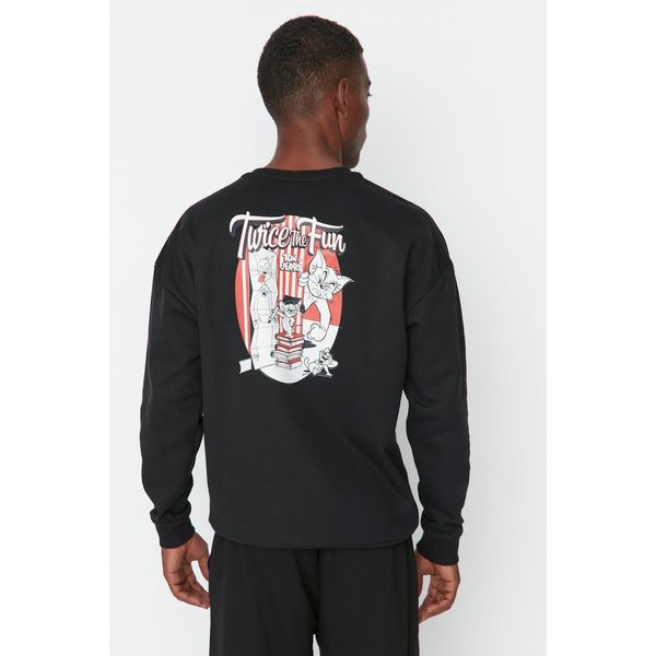 Trendyol Trendyol Black Men's Relaxed Fit Crew Neck Tom and Jerry Licensed Sweatshirt