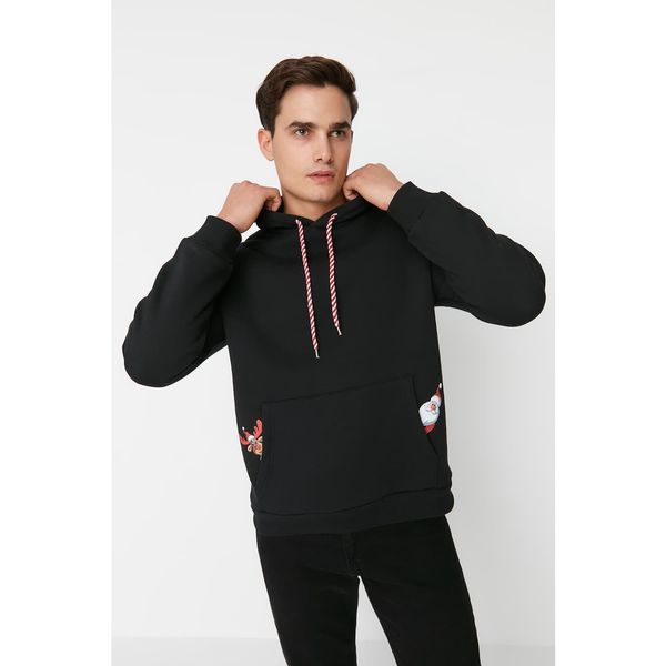 Trendyol Trendyol Black Men's Relaxed Fit Hooded Long Sleeve Printed Thick Sweatshirt with Pockets