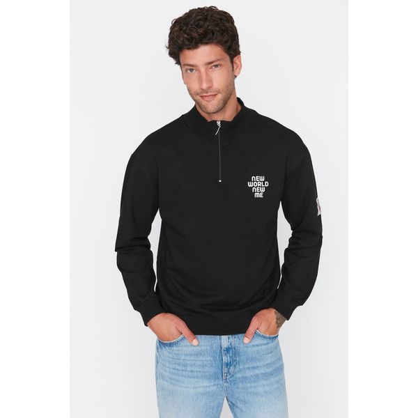 Trendyol Trendyol Black Men's Relaxed Fit Zipper Stand Up Collar Printed Label Appliqué Sweatshirt