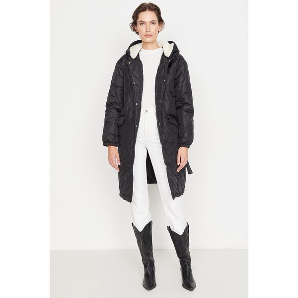 Trendyol Trendyol Black Oversize Belted Hooded Quilted Coat