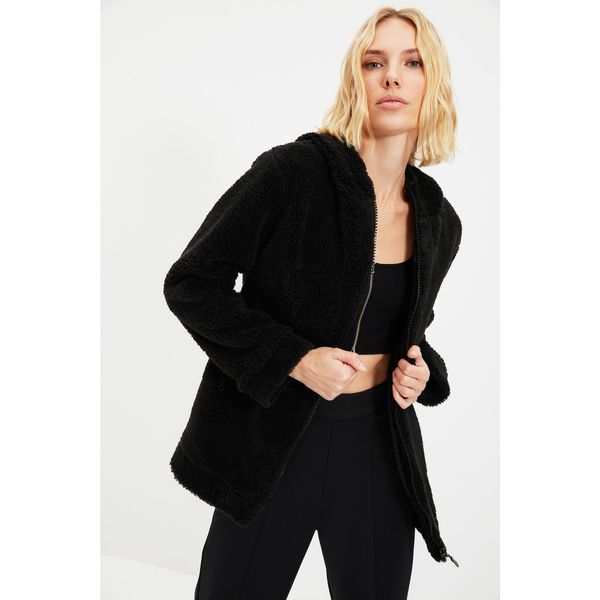 Trendyol Trendyol Black Oversize Hooded Zipper Closure Plush Coat