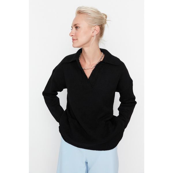 Trendyol Trendyol Black Polo Collar Pocket Detailed Knitwear Sweater