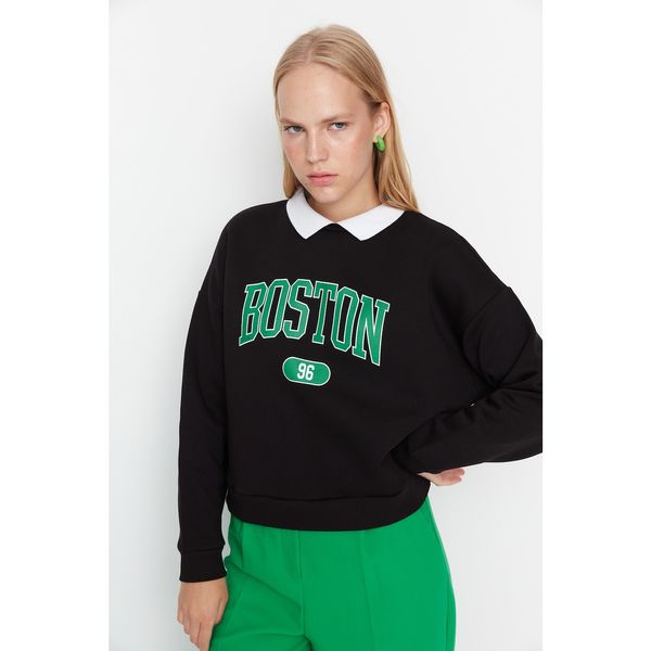 Trendyol Trendyol Black Printed Boyfriend Raised Knitted Sweatshirt