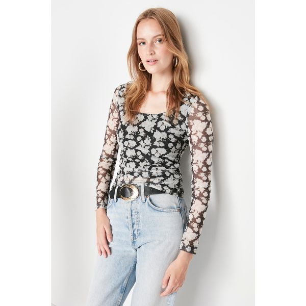 Trendyol Trendyol Black Printed Fitted Tulle Knitted Blouse