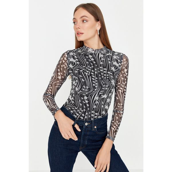 Trendyol Trendyol Black Printed Tulle Fitted Knitted Blouse