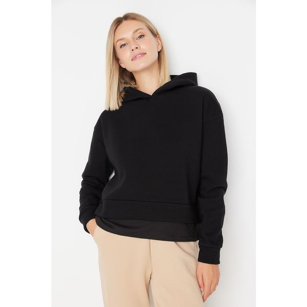 Trendyol Trendyol Black Single Jersey Piece Detailed Hoodie Raised Oversized Knitted Sweatshirt