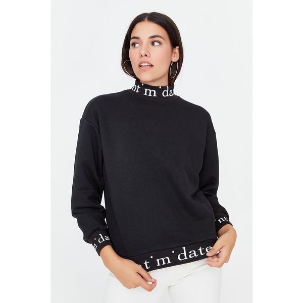 Trendyol Trendyol Black Stand Up Collar Loose Printed Slim Knitted Sweatshirt