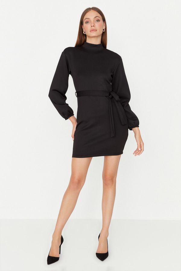 Trendyol Trendyol Black Stand Up Collar Tie Detailed Scuba Knitted Dress