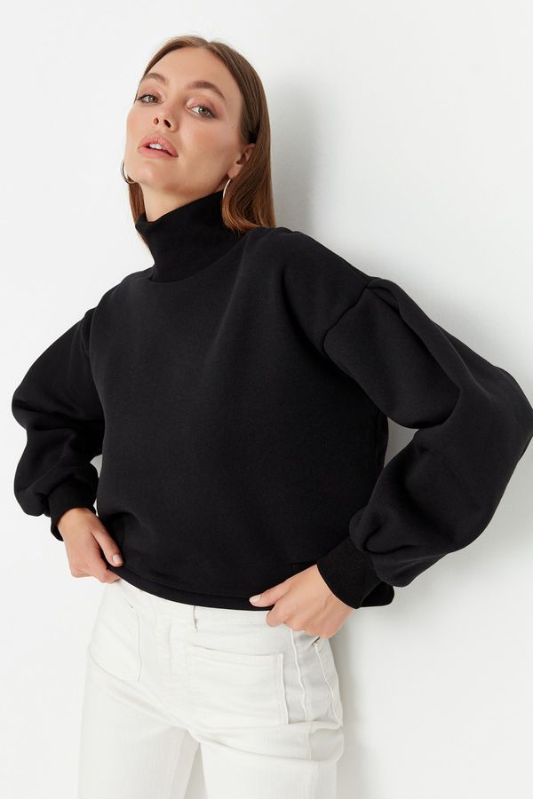 Trendyol Trendyol Black Turtleneck Balloon Sleeve Raised Crop Knitted Sweatshirt