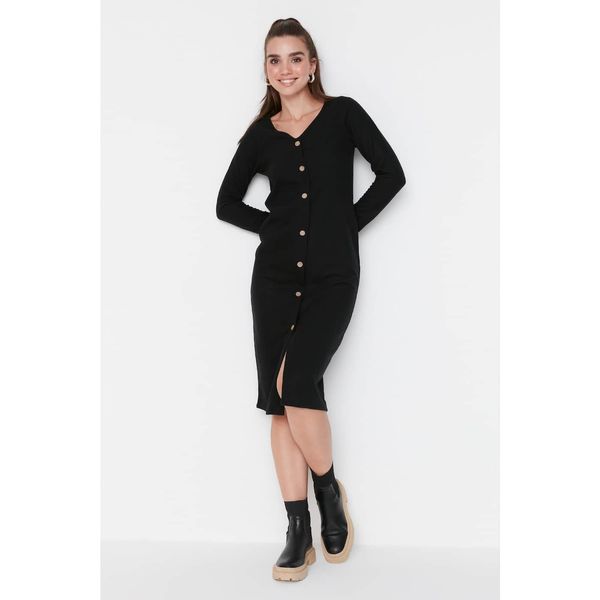 Trendyol Trendyol Black V-Neck Button Midi Knitted Dress