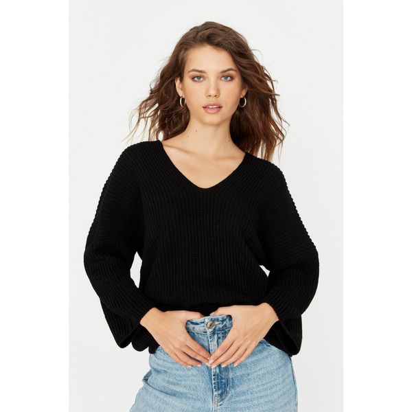 Trendyol Trendyol Black V Neck Oversize Knitwear Sweater
