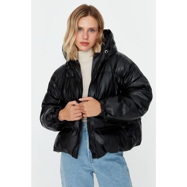 Trendyol Trendyol Black Wide Cut Oversize Hooded Faux Leather Down Jacket