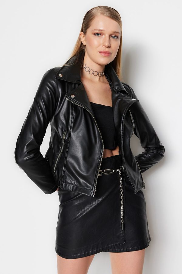 Trendyol Trendyol Black Zipper Detailed Faux Leather Biker Coat