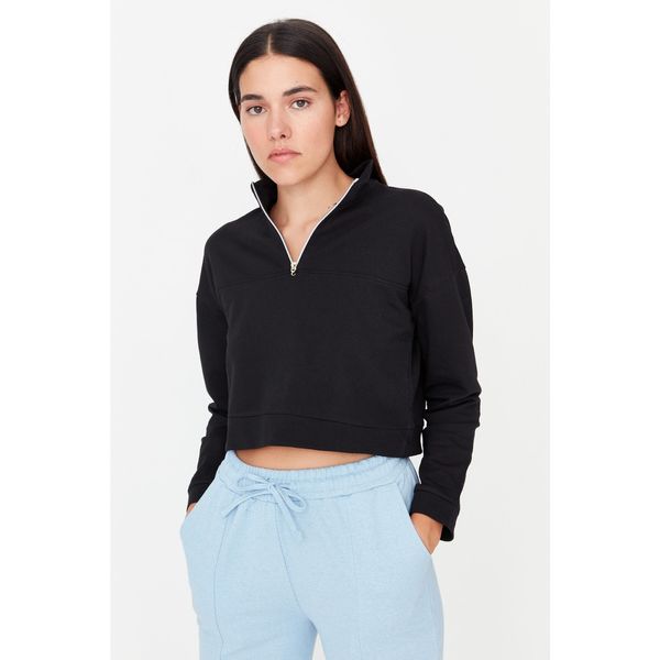Trendyol Trendyol Black Zipper Detailed Stand Up Collar Knitted Sweatshirt
