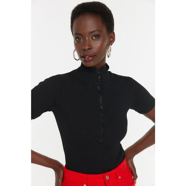 Trendyol Trendyol Black Zippered Fitted Crop Knitted Blouse