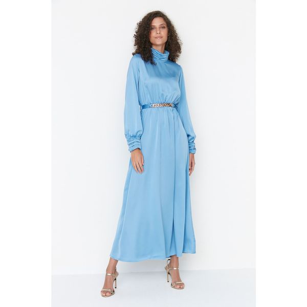 Trendyol Trendyol Blue Belted Collar and Cuff Draped Detailed Woven Hijab Evening Dress