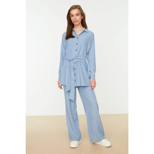 Trendyol Trendyol Blue Belted Shirt Collar Wide Leg Woven Bottom-Top Suit