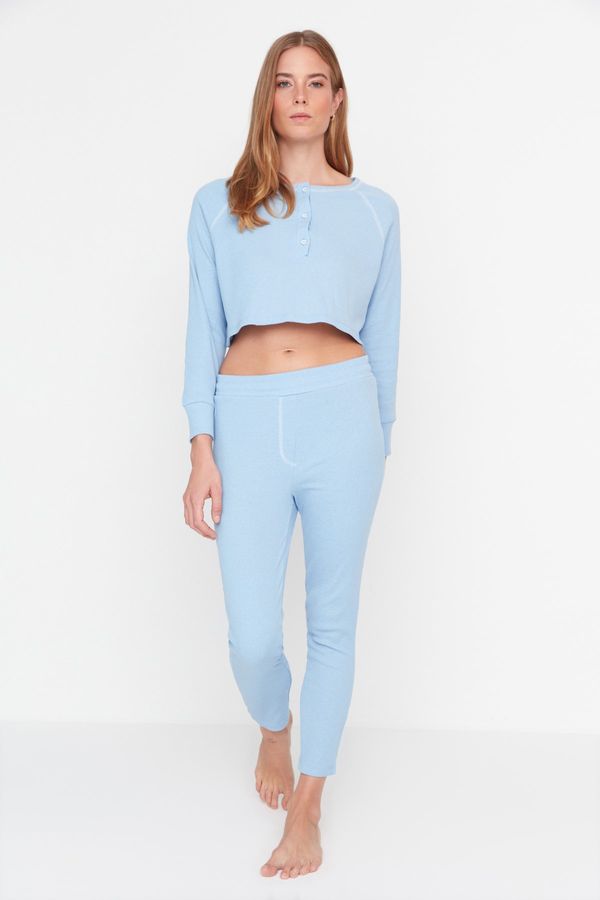 Trendyol Trendyol Blue Button Detailed Crop Camisole Knitted Pajamas Set