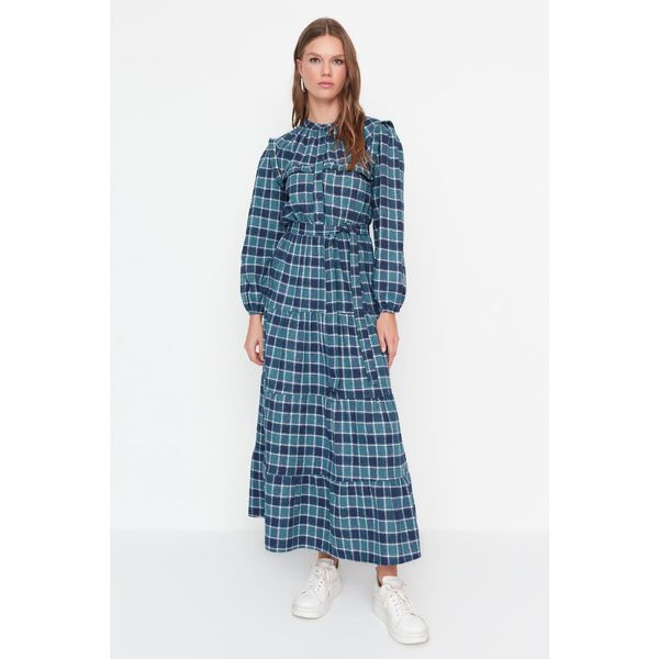 Trendyol Trendyol Blue Checkered Waist Belted Woven Dress