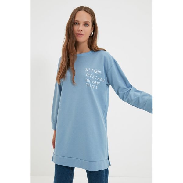 Trendyol Trendyol Blue Crew Neck Printed Knitted Sweatshirt