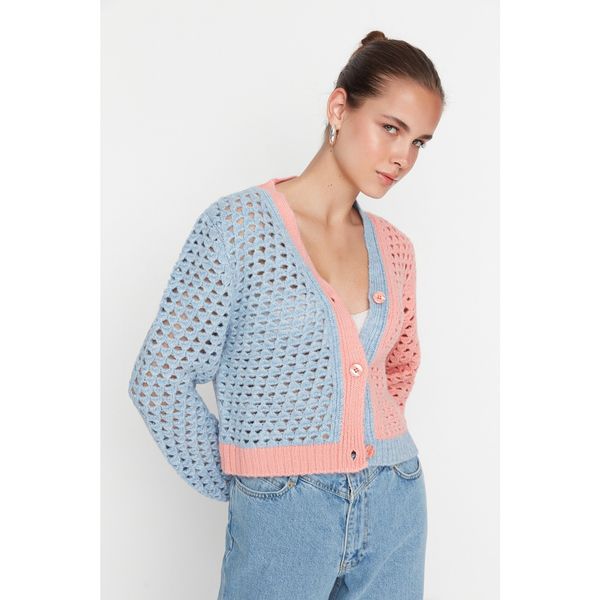 Trendyol Trendyol Blue Crop Color Block Knitwear Cardigan