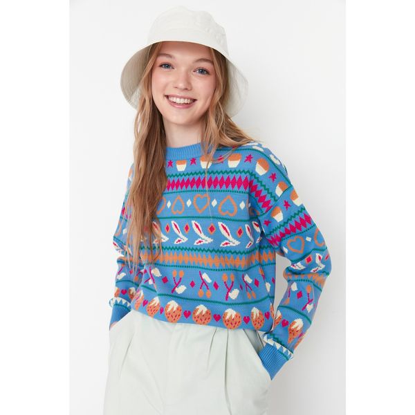 Trendyol Trendyol Blue Fruit Patterned Knitwear Sweater