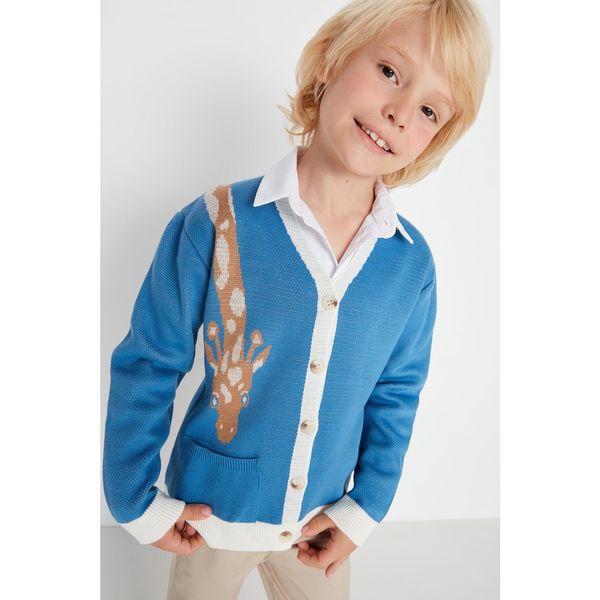 Trendyol Trendyol Blue Giraffe Patterned Boy Knitwear Cardigan