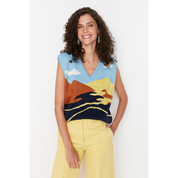 Trendyol Trendyol Blue Landscape Jacquard Knitwear Sweater