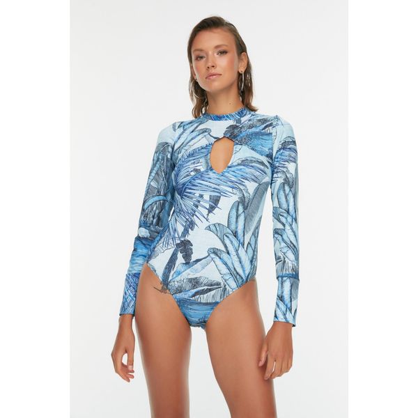 Trendyol Trendyol Blue Leaf Patterned Long Sleeve Surf Themed Swimsuit