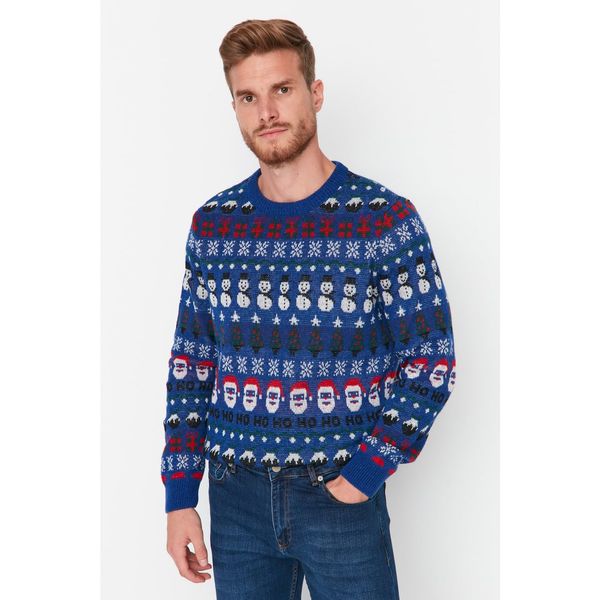 Trendyol Trendyol Blue Men Regular Fit Crew Neck Jacquard Christmas Knitwear Sweater
