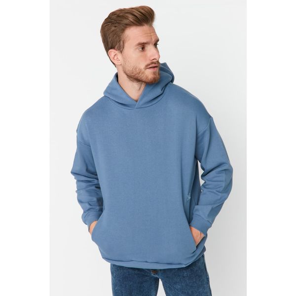 Trendyol Trendyol Blue Men's Oversize Fit Hooded Embroidery Detailed Thick Sweatshirt