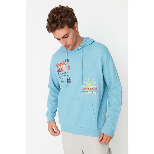 Trendyol Trendyol Blue Men's Oversize Fit Hoodie Printed Sweatshirt