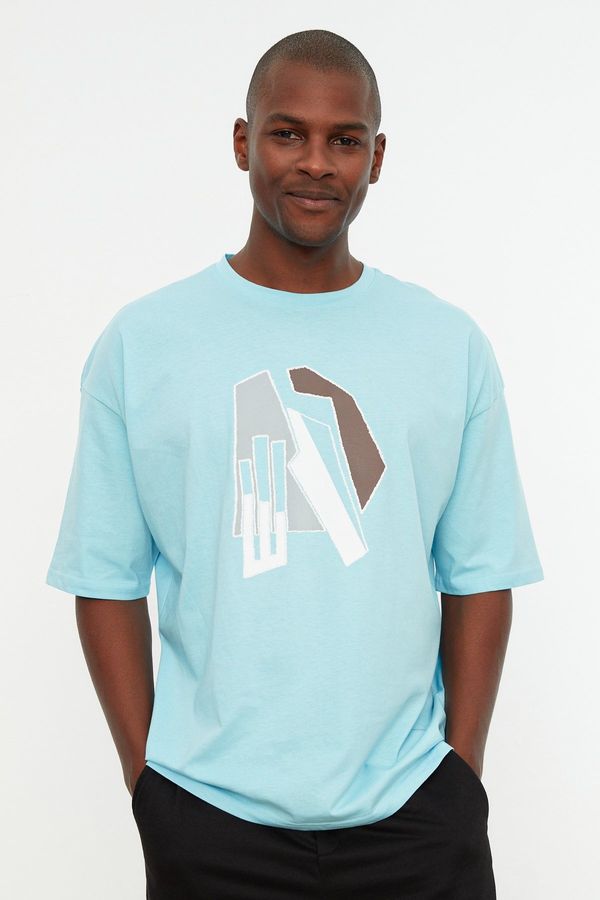Trendyol Trendyol Blue Men's Short Sleeve Oversize Fit 100% Cotton Printed T-Shirt